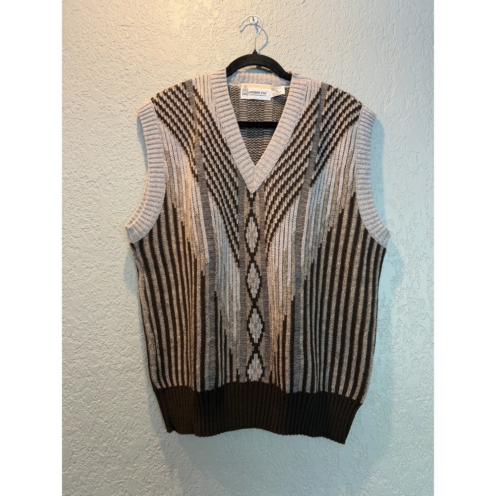 London‎ Fog Vintage Mens Sweater Vest Brown Grey Geometric Wool Blend